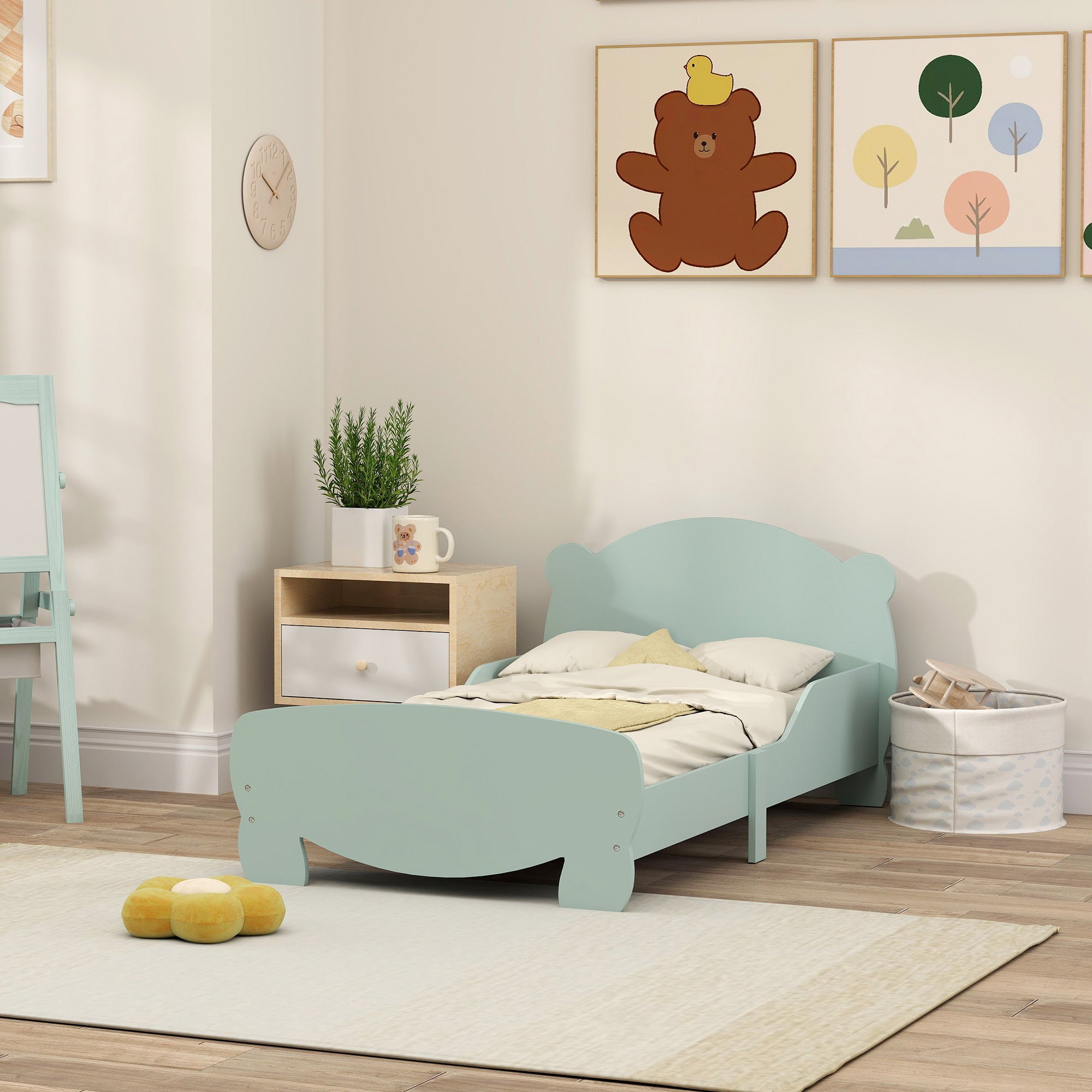 Montessori Bed for Children 3-6 Years, 140x70 cm Single Toddler Bed with Anti-Fall Rails and Bear-Shaped Wooden Slatted Base for Kids' Room, Green