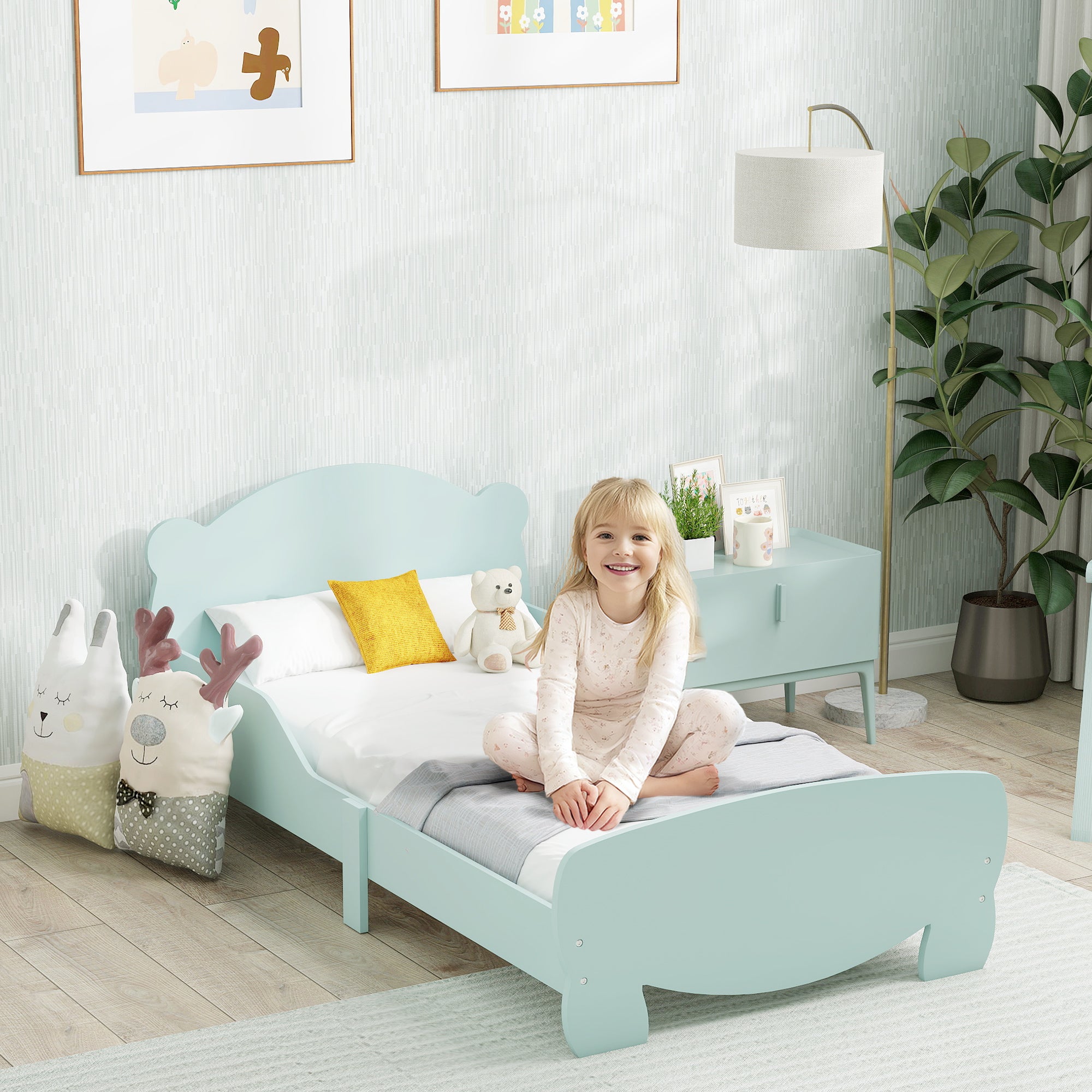 Montessori Bed for Children 3-6 Years, 140x70 cm Single Toddler Bed with Anti-Fall Rails and Bear-Shaped Wooden Slatted Base for Kids' Room, Green