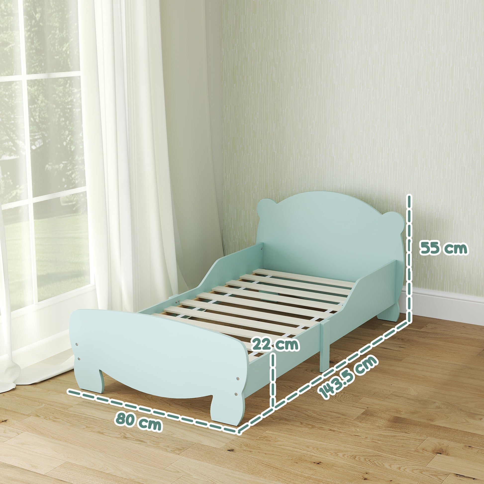 Montessori Bed for Children 3-6 Years, 140x70 cm Single Toddler Bed with Anti-Fall Rails and Bear-Shaped Wooden Slatted Base for Kids' Room, Green