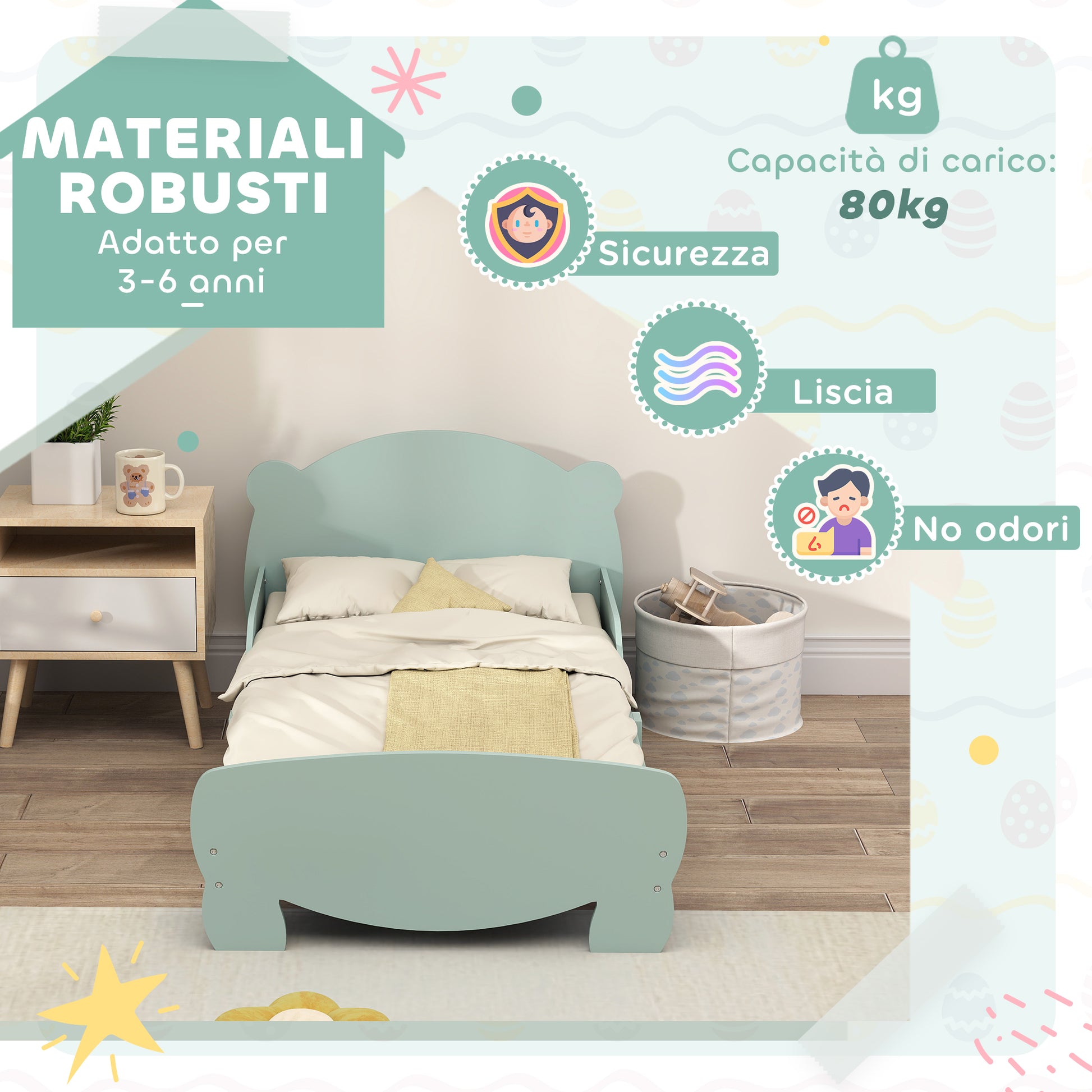 Montessori Bed for Children 3-6 Years, 140x70 cm Single Toddler Bed with Anti-Fall Rails and Bear-Shaped Wooden Slatted Base for Kids' Room, Green