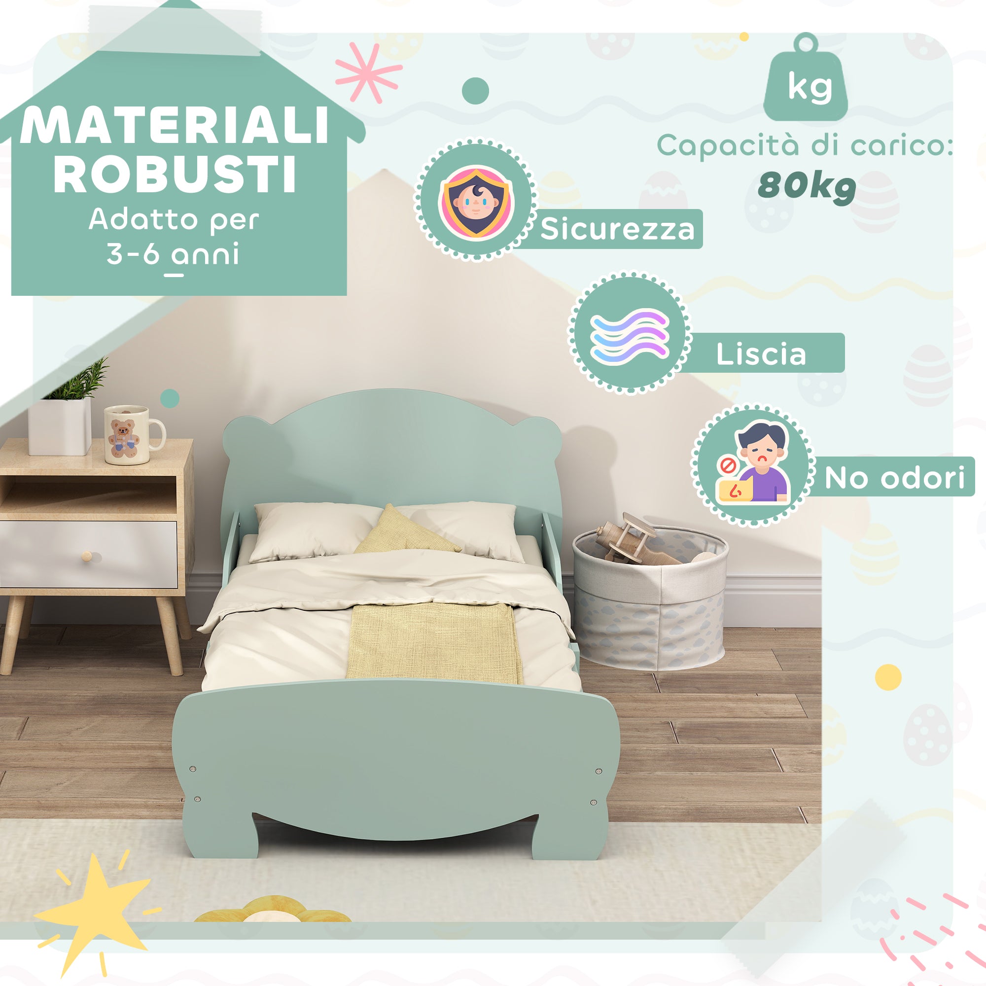 Montessori Bed for Children 3-6 Years, 140x70 cm Single Toddler Bed with Anti-Fall Rails and Bear-Shaped Wooden Slatted Base for Kids' Room, Green