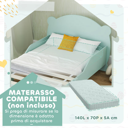 Montessori Bed for Children 3-6 Years, 140x70 cm Single Toddler Bed with Anti-Fall Rails and Bear-Shaped Wooden Slatted Base for Kids' Room, Green