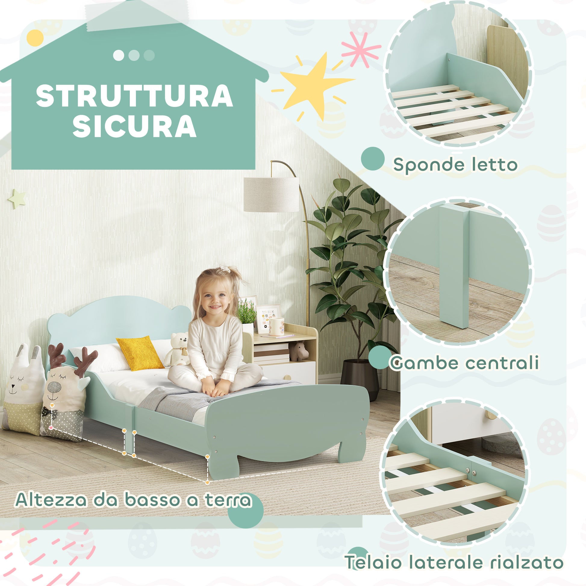 Montessori Bed for Children 3-6 Years, 140x70 cm Single Toddler Bed with Anti-Fall Rails and Bear-Shaped Wooden Slatted Base for Kids' Room, Green