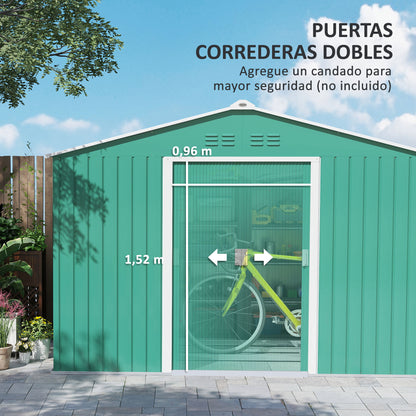 Garden Shed Exterior 4.9 m² 277x195x192 cm Outdoor Garden Storage Shed with Sliding Door Fiberglass Roof Reinforcement Base (Floor NOT Included) and 4 Windows Green