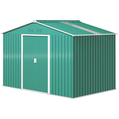Garden Shed Exterior 4.9 m² 277x195x192 cm Outdoor Garden Storage Shed with Sliding Door Fiberglass Roof Reinforcement Base (Floor NOT Included) and 4 Windows Green