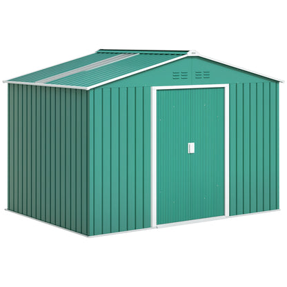 Garden Shed Exterior 4.9 m² 277x195x192 cm Outdoor Garden Storage Shed with Sliding Door Fiberglass Roof Reinforcement Base (Floor NOT Included) and 4 Windows Green