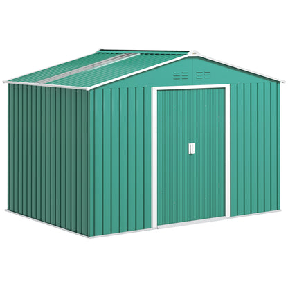 Garden Shed Exterior 4.9 m² 277x195x192 cm Outdoor Garden Storage Shed with Sliding Door Fiberglass Roof Reinforcement Base (Floor NOT Included) and 4 Windows Green
