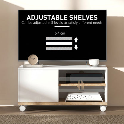 Rolling TV Stand with Cabinet, Cable Management & Adjustable Shelf, Fits TVs up to 32", White & Oak, 31.5 x 17.7 x 16.1 in