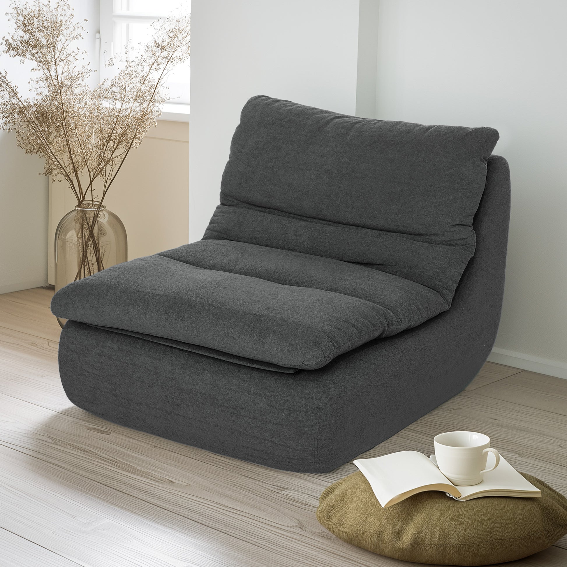 Floor Chair with one-piece ultra-high-density foam, floor seat Lazy Sofa with velvet look Meditation chair Recliner for Home, Office, Gray