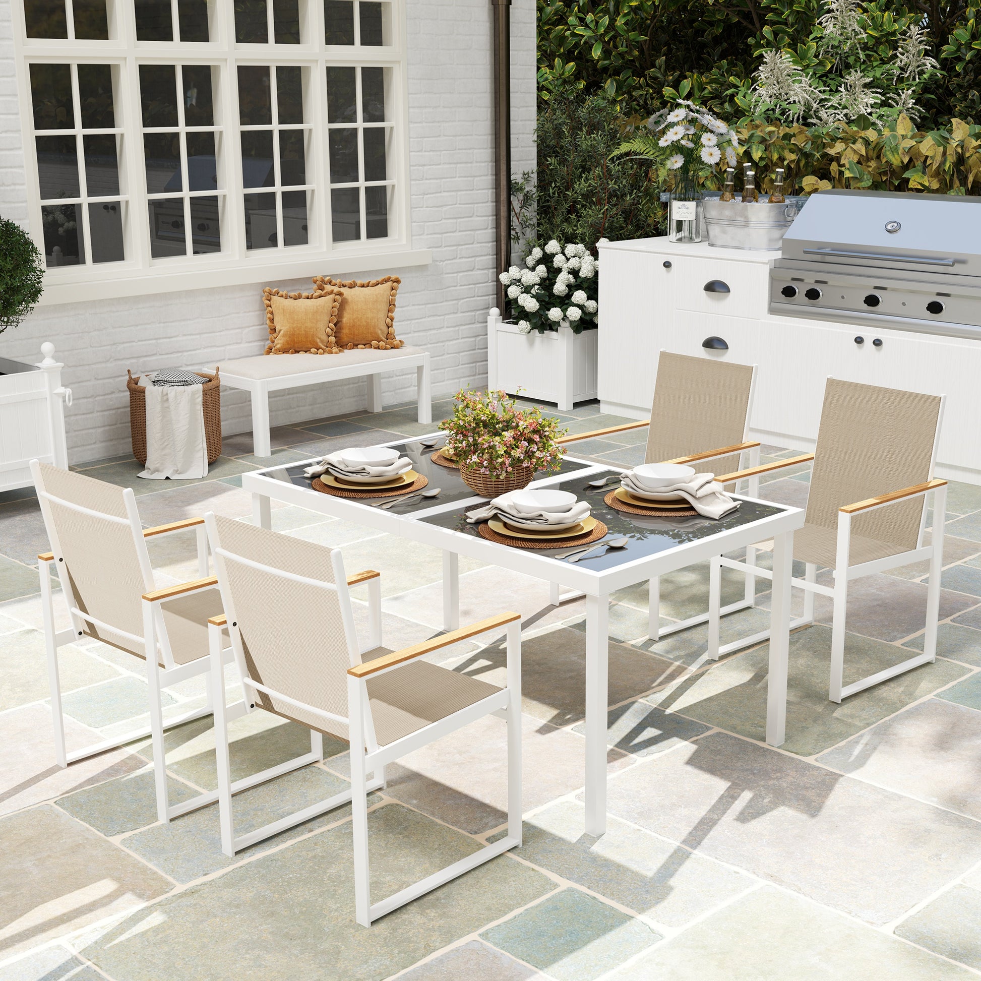 Dining Set 5 pcs. Dining for 4 persons Removable dining table with 4 chairs, dining group kitchen table set with steel frame balcony furniture garden furniture for patio, balcony Multicolored