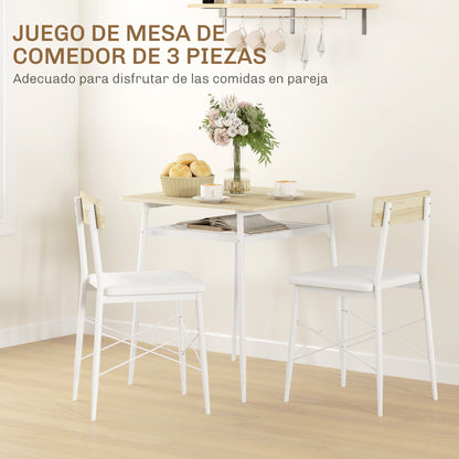 3-Piece Dining Table and Chairs Set Kitchen Table with 2 Armless Chairs Rectangular Table with Open Shelf White and Oak Steel Frame