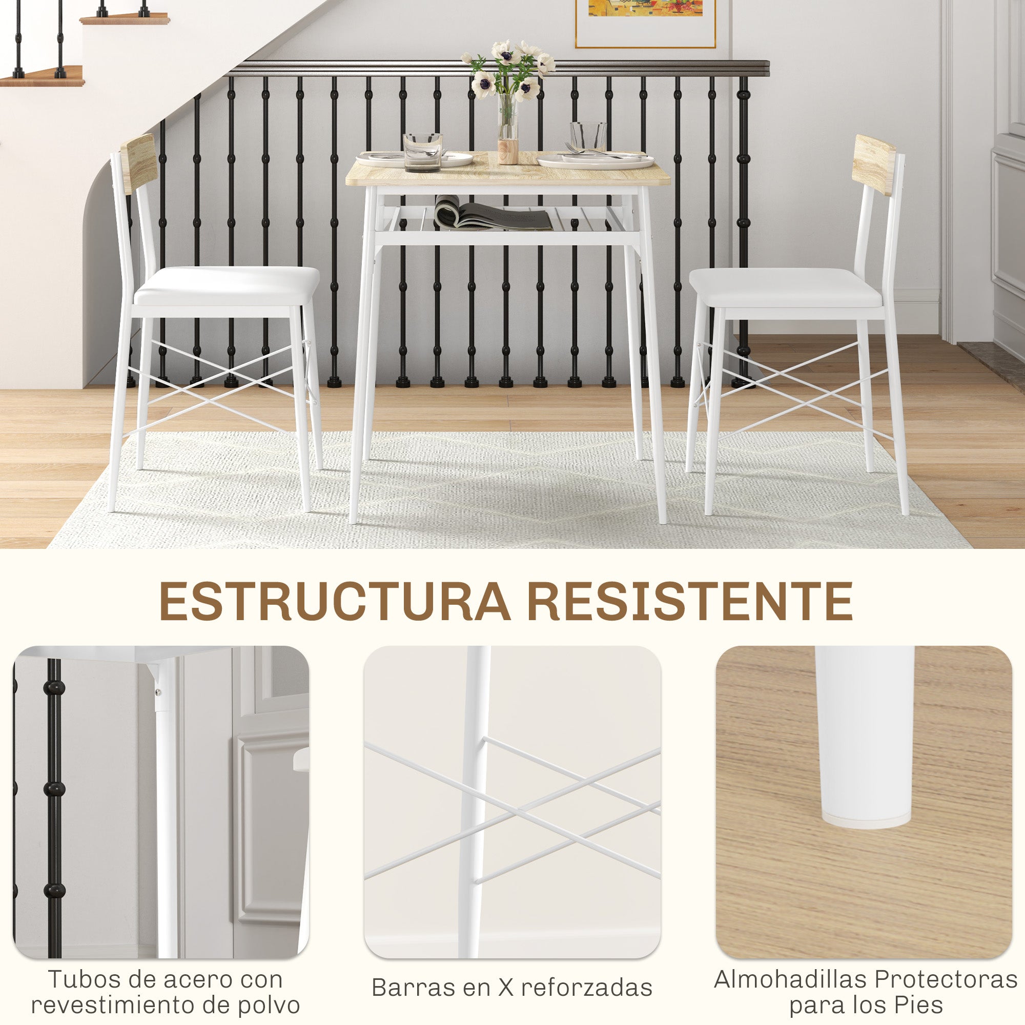 3-Piece Dining Table and Chairs Set Kitchen Table with 2 Armless Chairs Rectangular Table with Open Shelf White and Oak Steel Frame