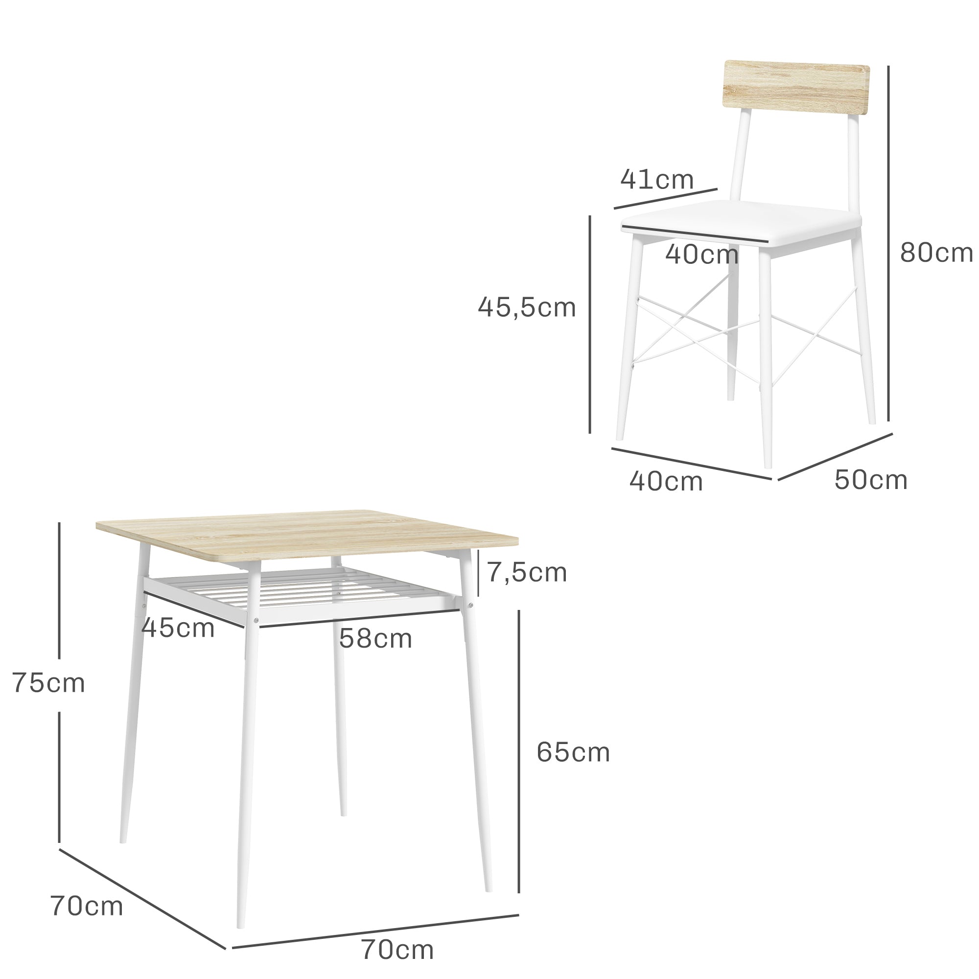 3-Piece Dining Table and Chairs Set Kitchen Table with 2 Armless Chairs Rectangular Table with Open Shelf White and Oak Steel Frame
