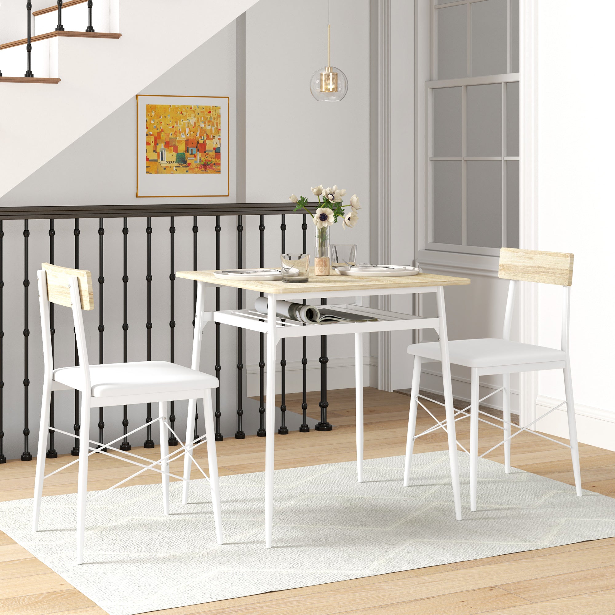 3-Piece Dining Table and Chairs Set Kitchen Table with 2 Armless Chairs Rectangular Table with Open Shelf White and Oak Steel Frame