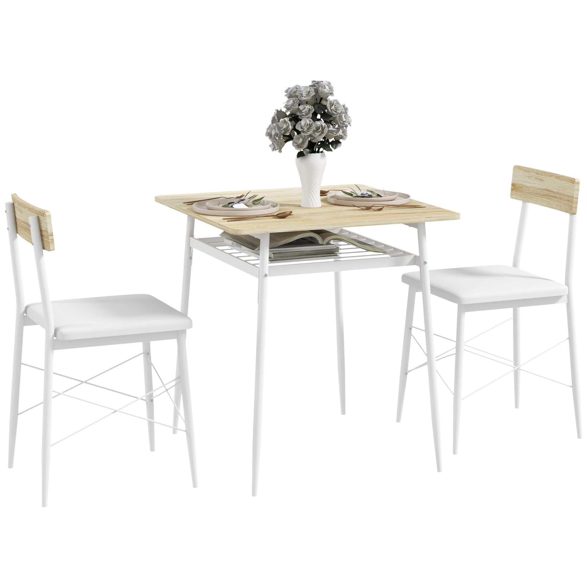 3-Piece Dining Table and Chairs Set Kitchen Table with 2 Armless Chairs Rectangular Table with Open Shelf White and Oak Steel Frame