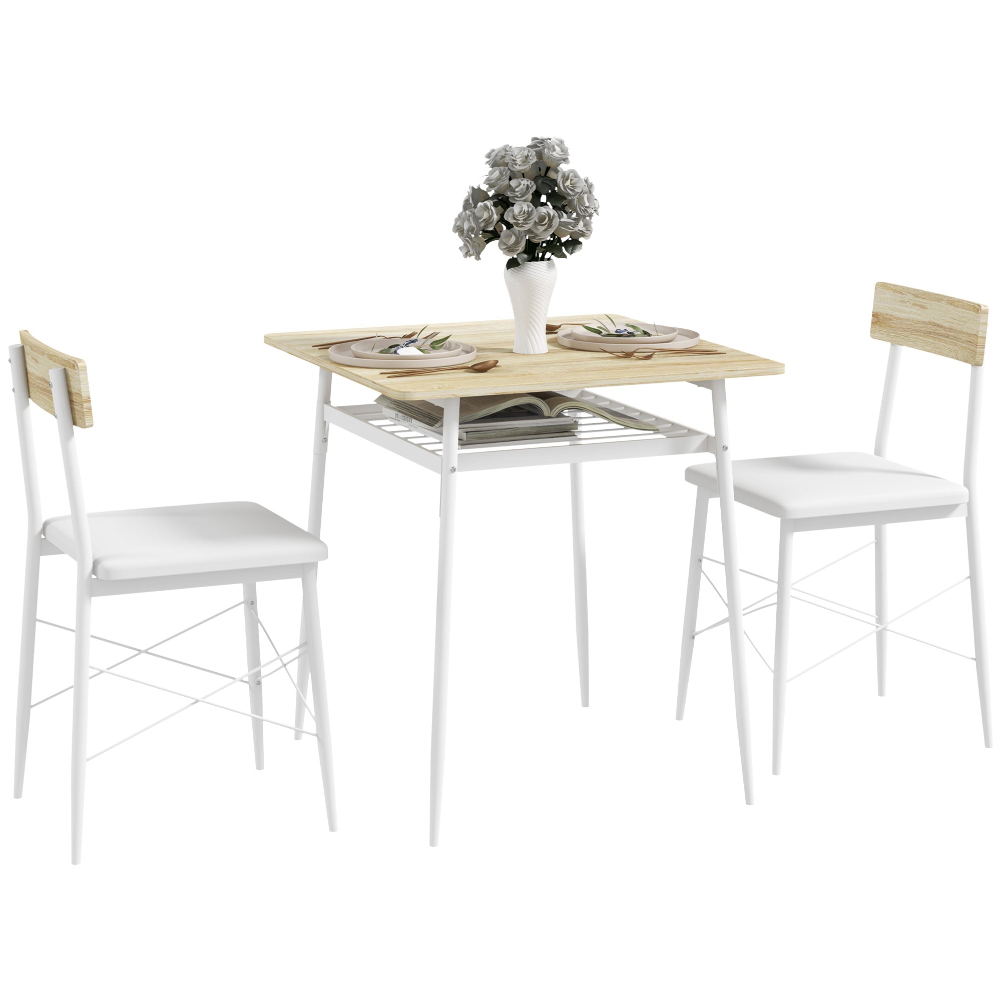 3-Piece Dining Table and Chairs Set Kitchen Table with 2 Armless Chairs Rectangular Table with Open Shelf White and Oak Steel Frame