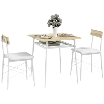 3-Piece Dining Table and Chairs Set Kitchen Table with 2 Armless Chairs Rectangular Table with Open Shelf White and Oak Steel Frame