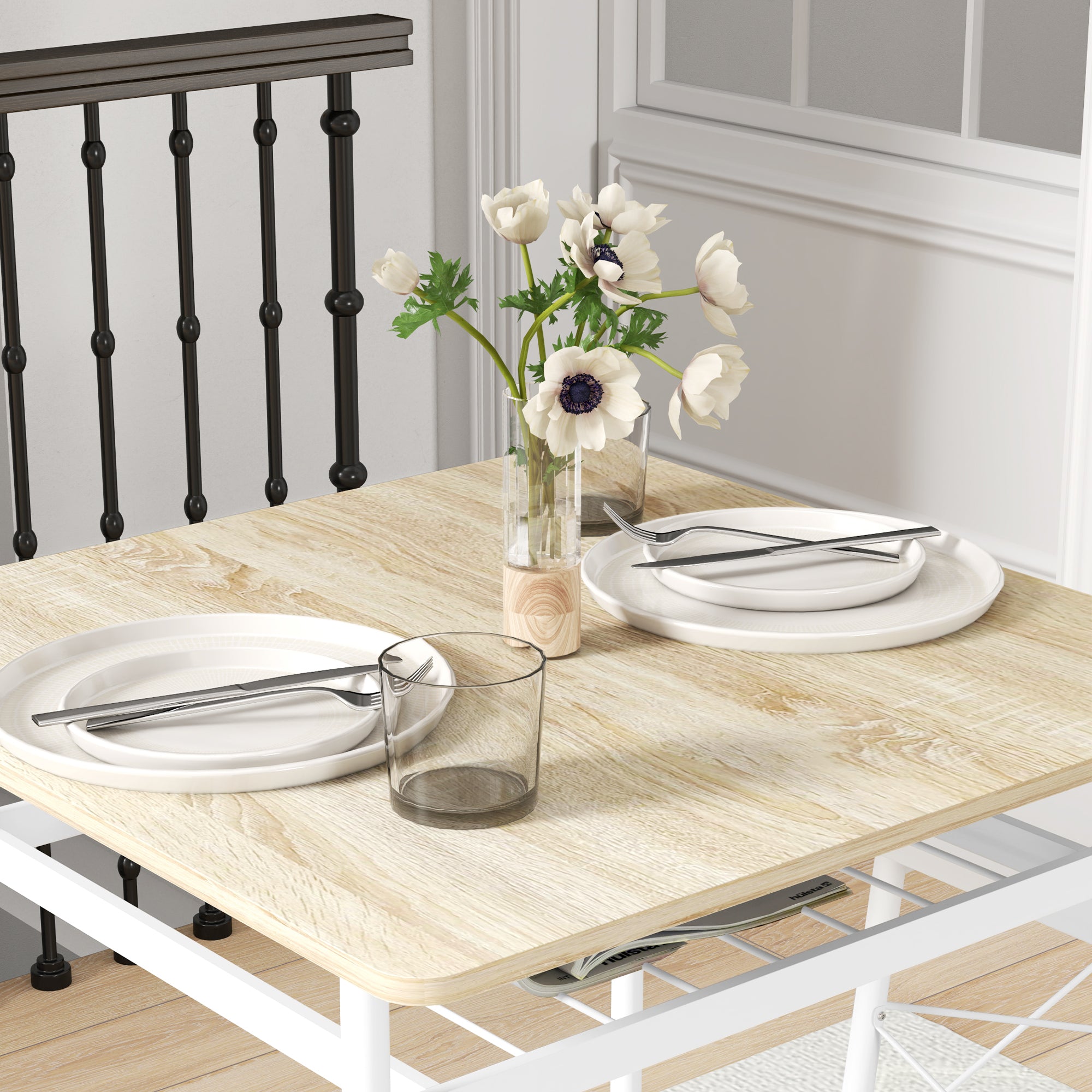 3-Piece Dining Table and Chairs Set Kitchen Table with 2 Armless Chairs Rectangular Table with Open Shelf White and Oak Steel Frame