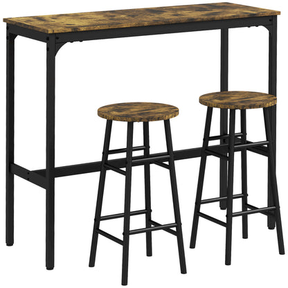 Bar Table Set Bar Table with Bar Stools Set for 2 People Dining Table with 2 Bar Stools with Footrests, Kitchen Table in Industrial Design for Dining Room, Kitchen, Rustic Brown