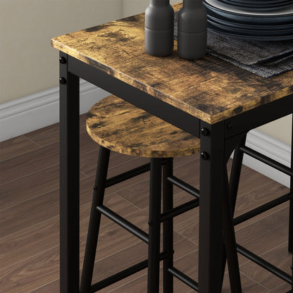 Bar Table Set Bar Table with Bar Stools Set for 2 People Dining Table with 2 Bar Stools with Footrests, Kitchen Table in Industrial Design for Dining Room, Kitchen, Rustic Brown