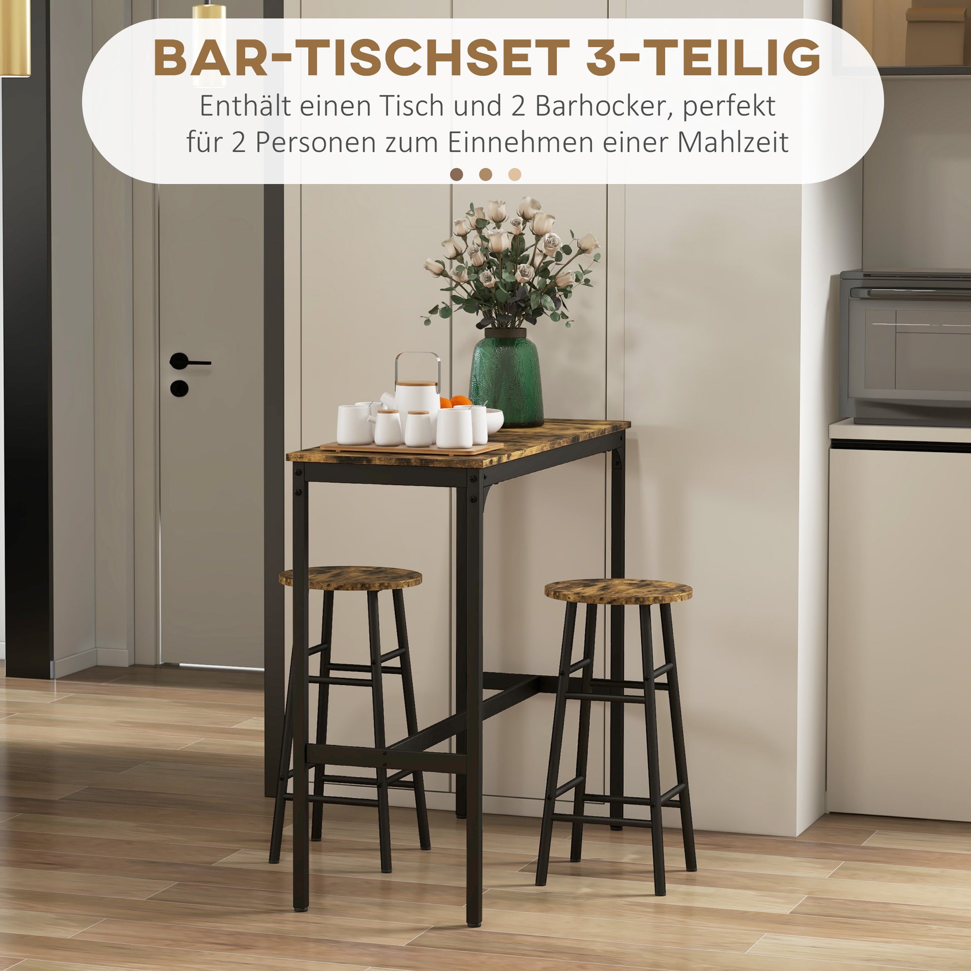 Bar Table Set Bar Table with Bar Stools Set for 2 People Dining Table with 2 Bar Stools with Footrests, Kitchen Table in Industrial Design for Dining Room, Kitchen, Rustic Brown