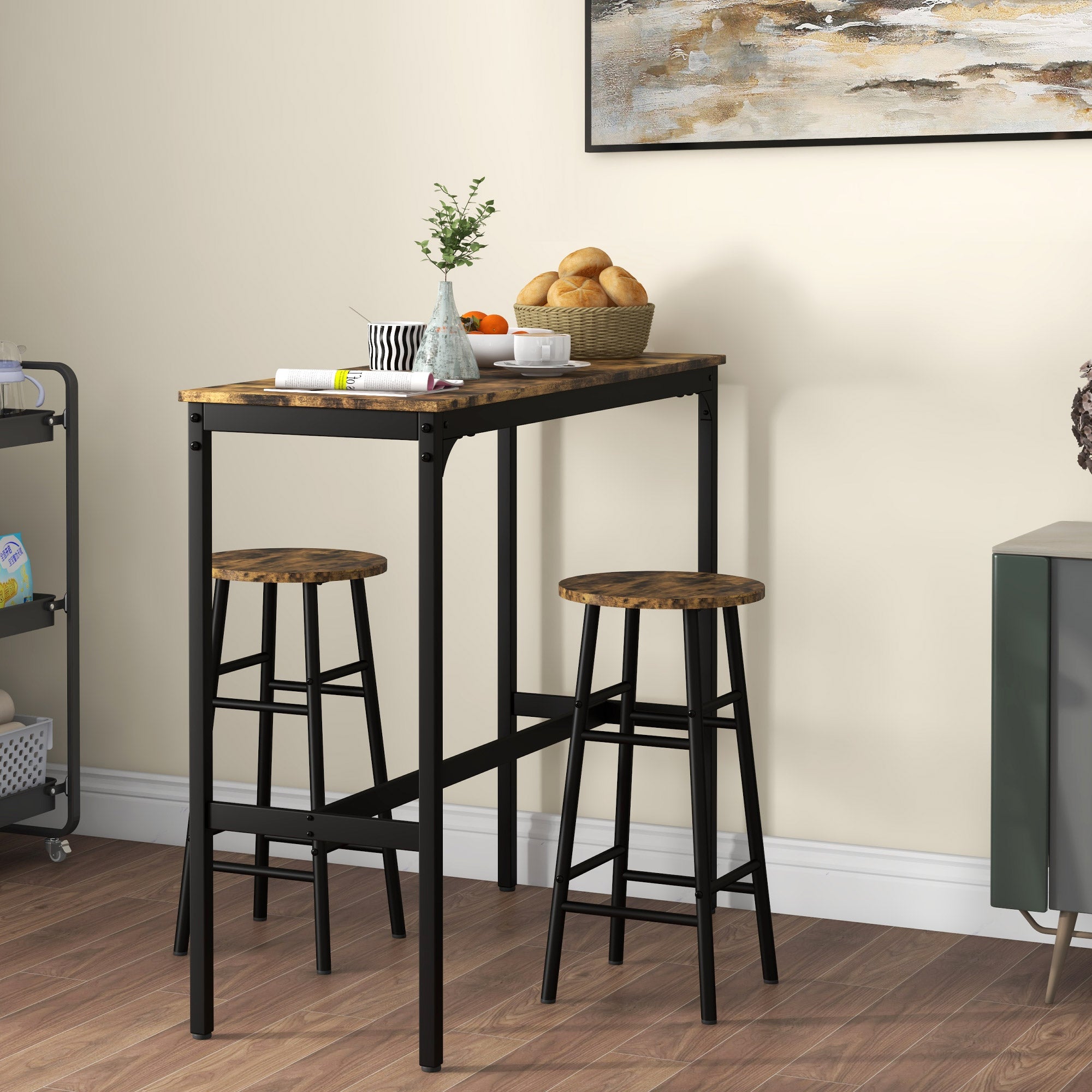 Bar Table Set Bar Table with Bar Stools Set for 2 People Dining Table with 2 Bar Stools with Footrests, Kitchen Table in Industrial Design for Dining Room, Kitchen, Rustic Brown