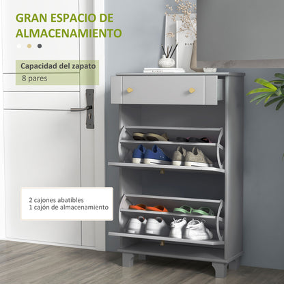 Narrow Shoe Cabinet Entryway Shoe Rack with 2 Flip-Down Drawers and 1 Removable Drawer for 8 Pairs of Shoes for Hallway 60x23.5x98.5 cm Gray