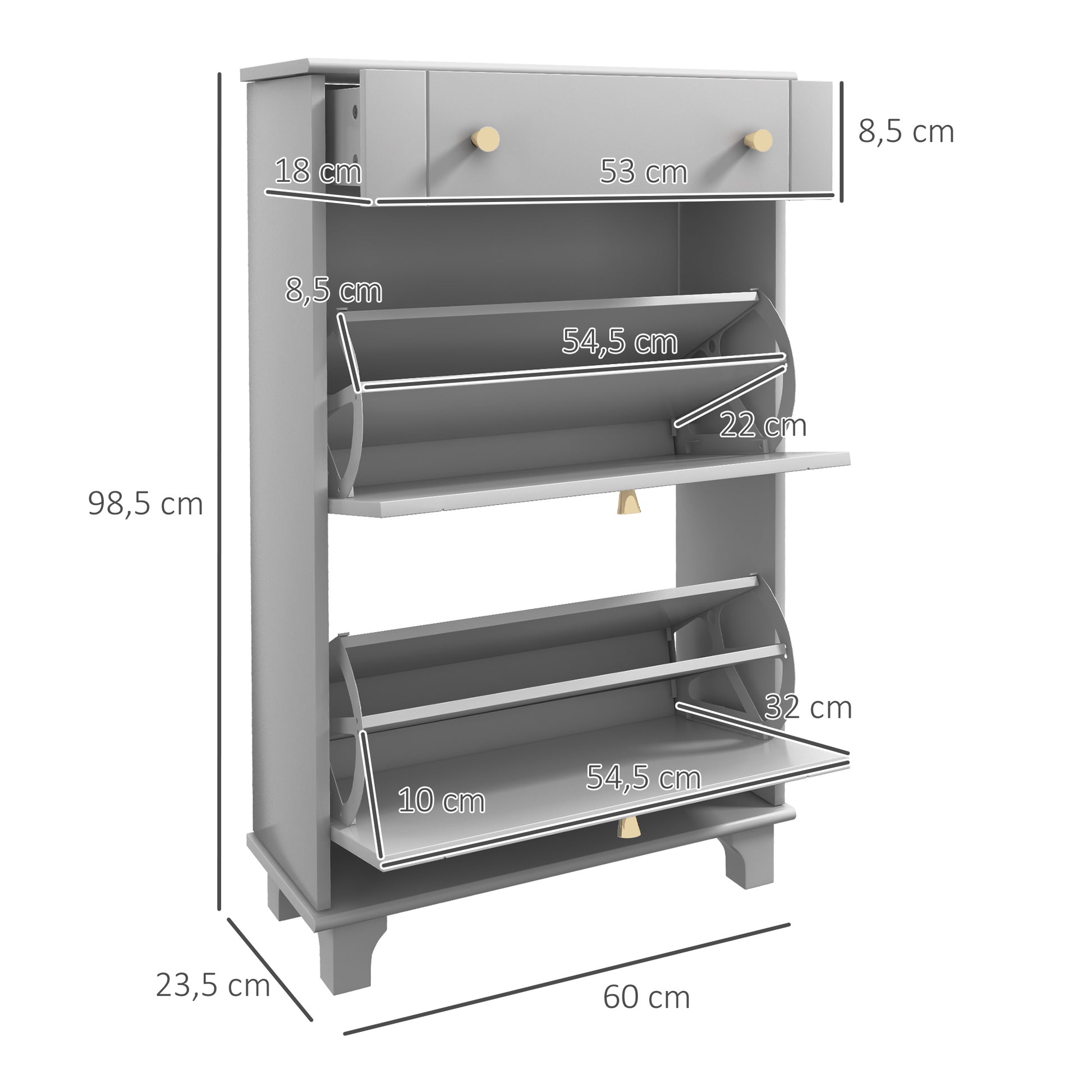 Narrow Shoe Cabinet Entryway Shoe Rack with 2 Flip-Down Drawers and 1 Removable Drawer for 8 Pairs of Shoes for Hallway 60x23.5x98.5 cm Gray