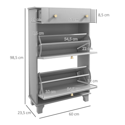 Narrow Shoe Cabinet Entryway Shoe Rack with 2 Flip-Down Drawers and 1 Removable Drawer for 8 Pairs of Shoes for Hallway 60x23.5x98.5 cm Gray
