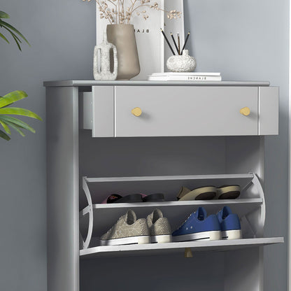 Narrow Shoe Cabinet Entryway Shoe Rack with 2 Flip-Down Drawers and 1 Removable Drawer for 8 Pairs of Shoes for Hallway 60x23.5x98.5 cm Gray