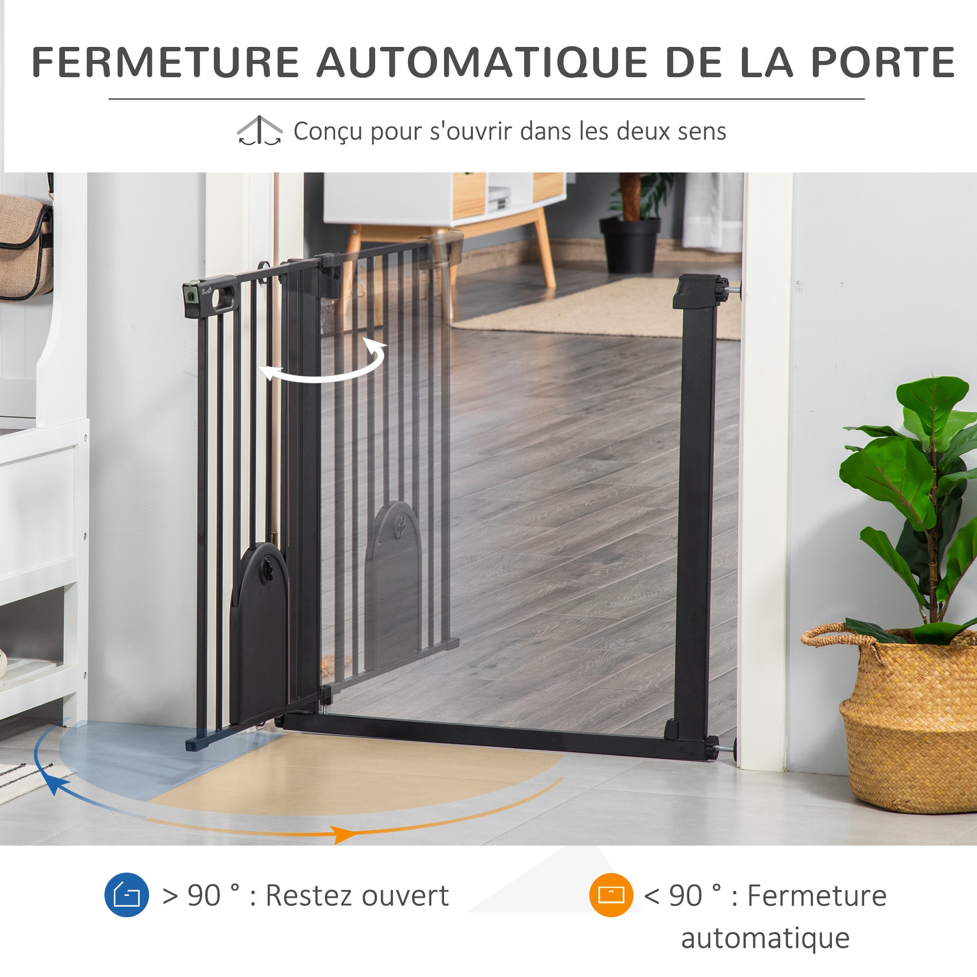 76H cm Pet Safety Barrier for Dogs Cats with Automatic Closing Door Double Locking System Pressure Fixing from 75 to 82 cm Steel and ABS Black