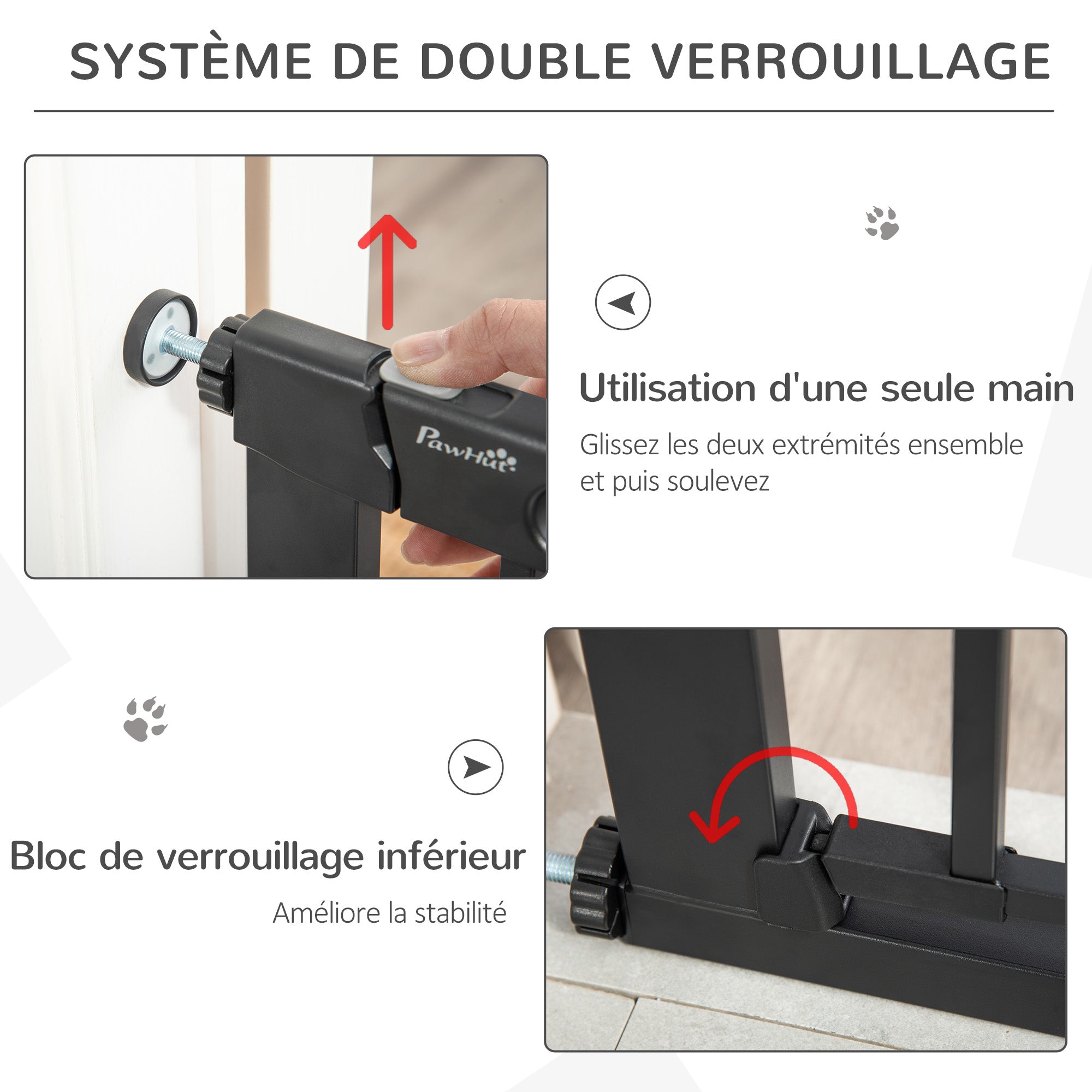 76H cm Pet Safety Barrier for Dogs Cats with Automatic Closing Door Double Locking System Pressure Fixing from 75 to 82 cm Steel and ABS Black