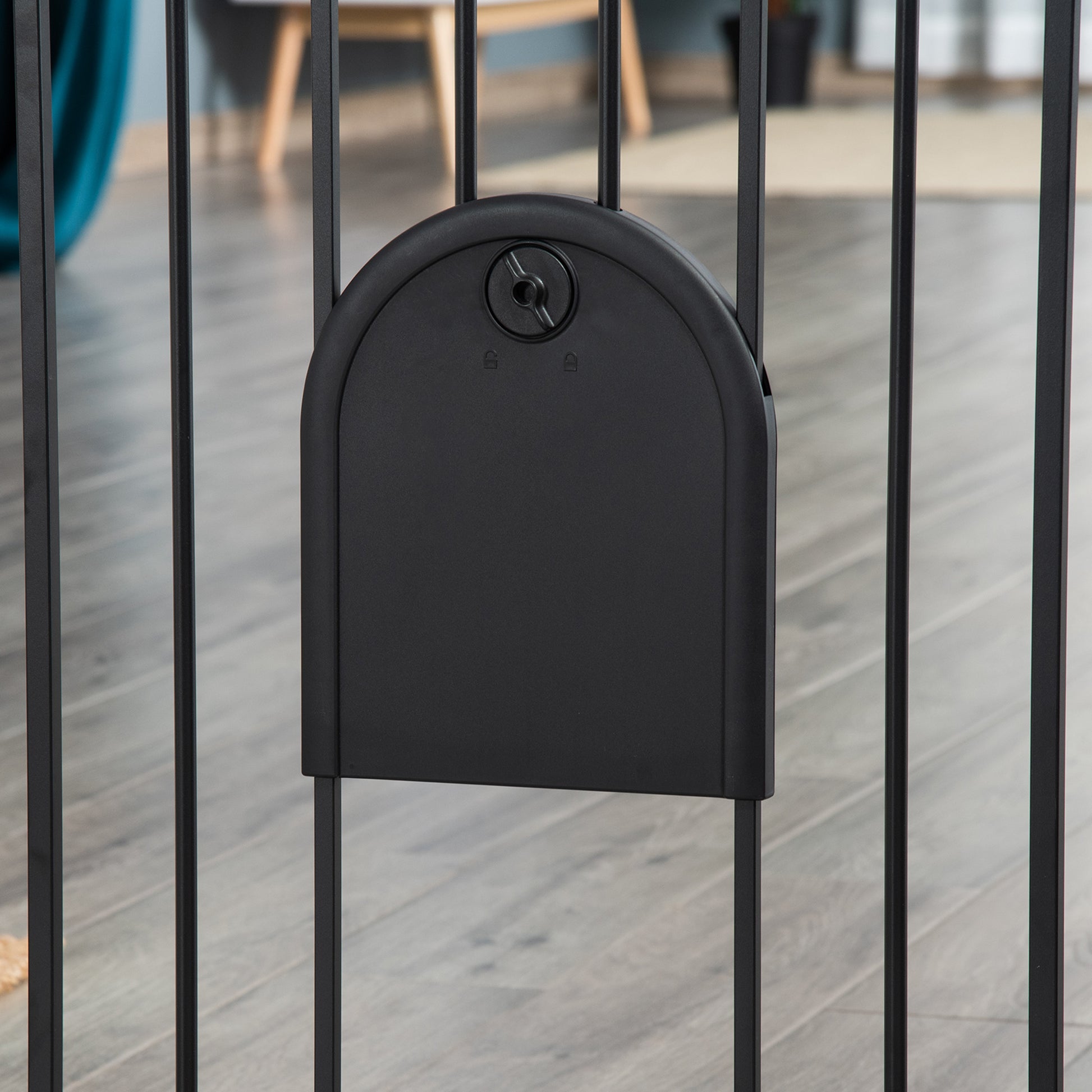 76H cm Pet Safety Barrier for Dogs Cats with Automatic Closing Door Double Locking System Pressure Fixing from 75 to 82 cm Steel and ABS Black