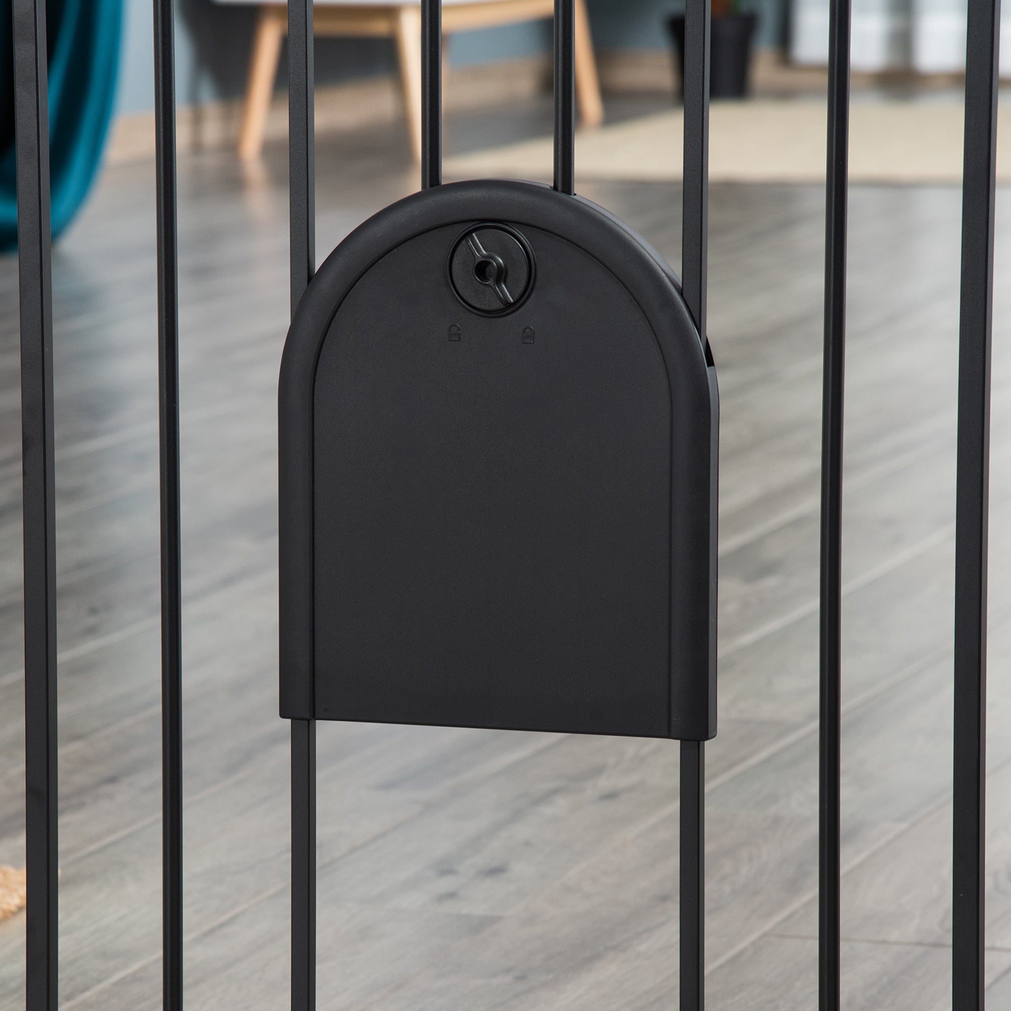 76H cm Pet Safety Barrier for Dogs Cats with Automatic Closing Door Double Locking System Pressure Fixing from 75 to 82 cm Steel and ABS Black