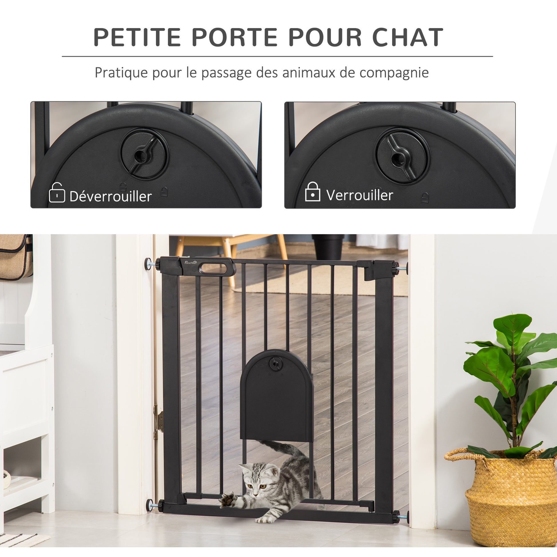 76H cm Pet Safety Barrier for Dogs Cats with Automatic Closing Door Double Locking System Pressure Fixing from 75 to 82 cm Steel and ABS Black