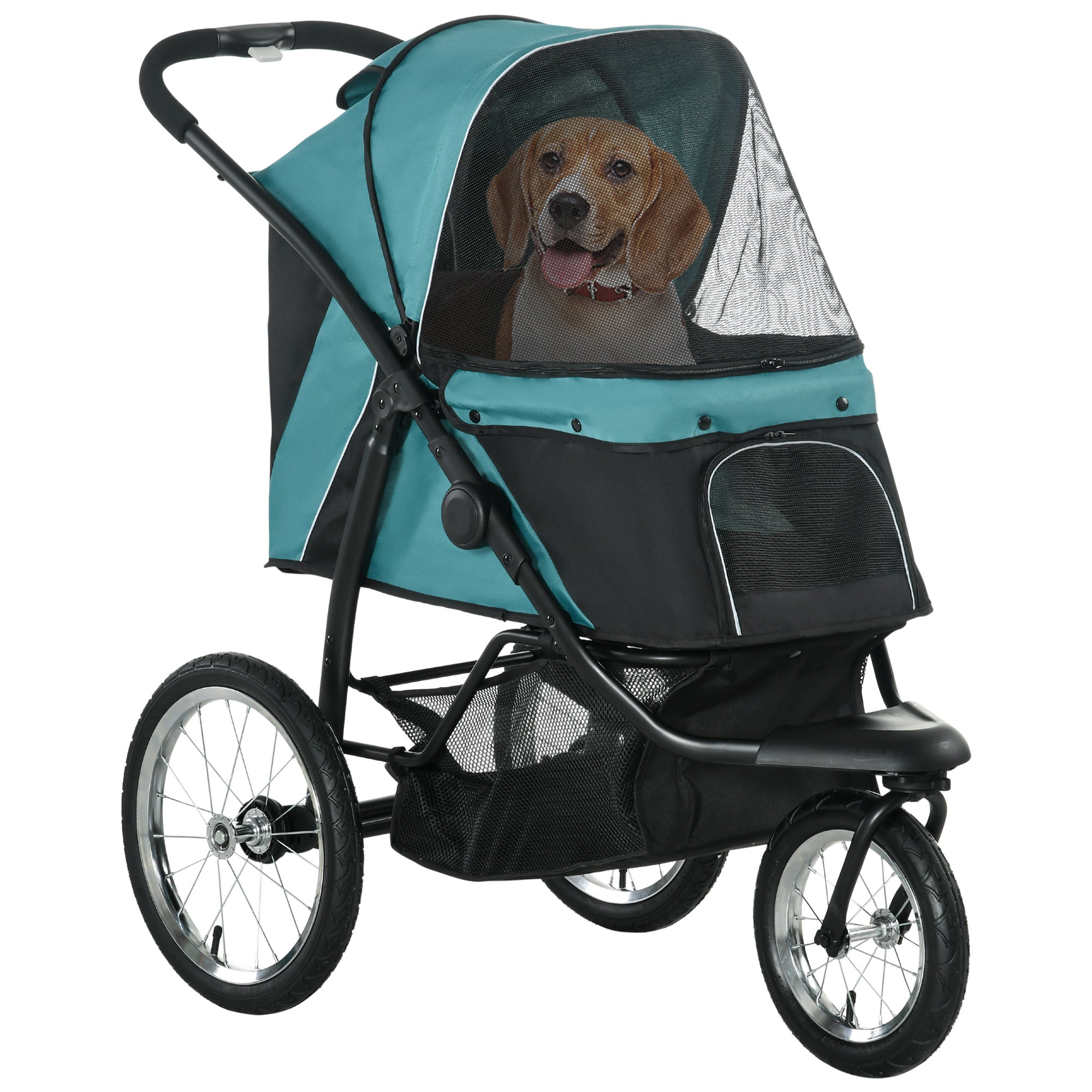 Dog Buggy Foldable for Dogs & Cats up to 20 kg Cat Buggy with All-Terrain Rubber Wheels Pillow Mesh Windows Doors Cat Carrier with Storage Basket Buggy Dark Green
