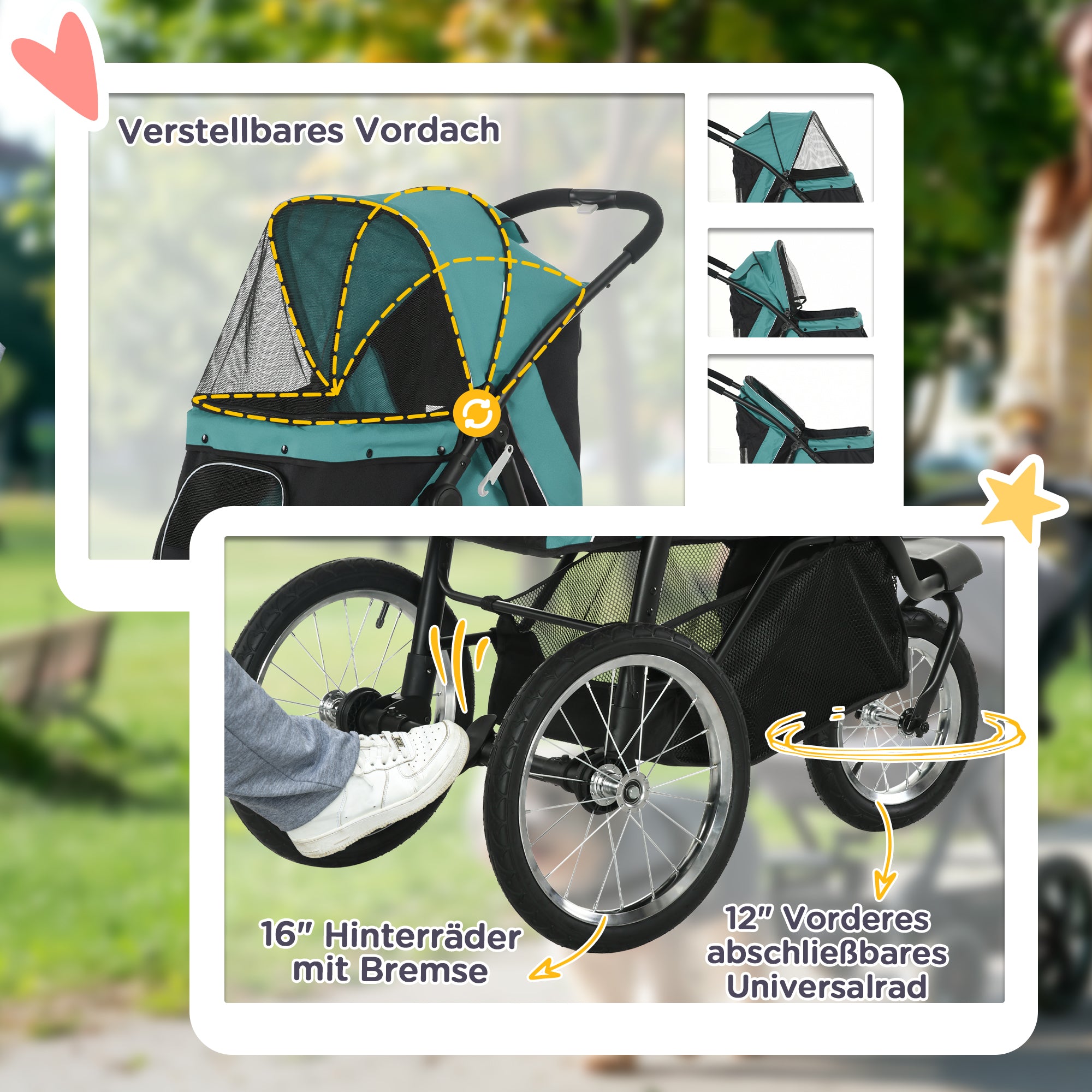 Dog Buggy Foldable for Dogs & Cats up to 20 kg Cat Buggy with All-Terrain Rubber Wheels Pillow Mesh Windows Doors Cat Carrier with Storage Basket Buggy Dark Green
