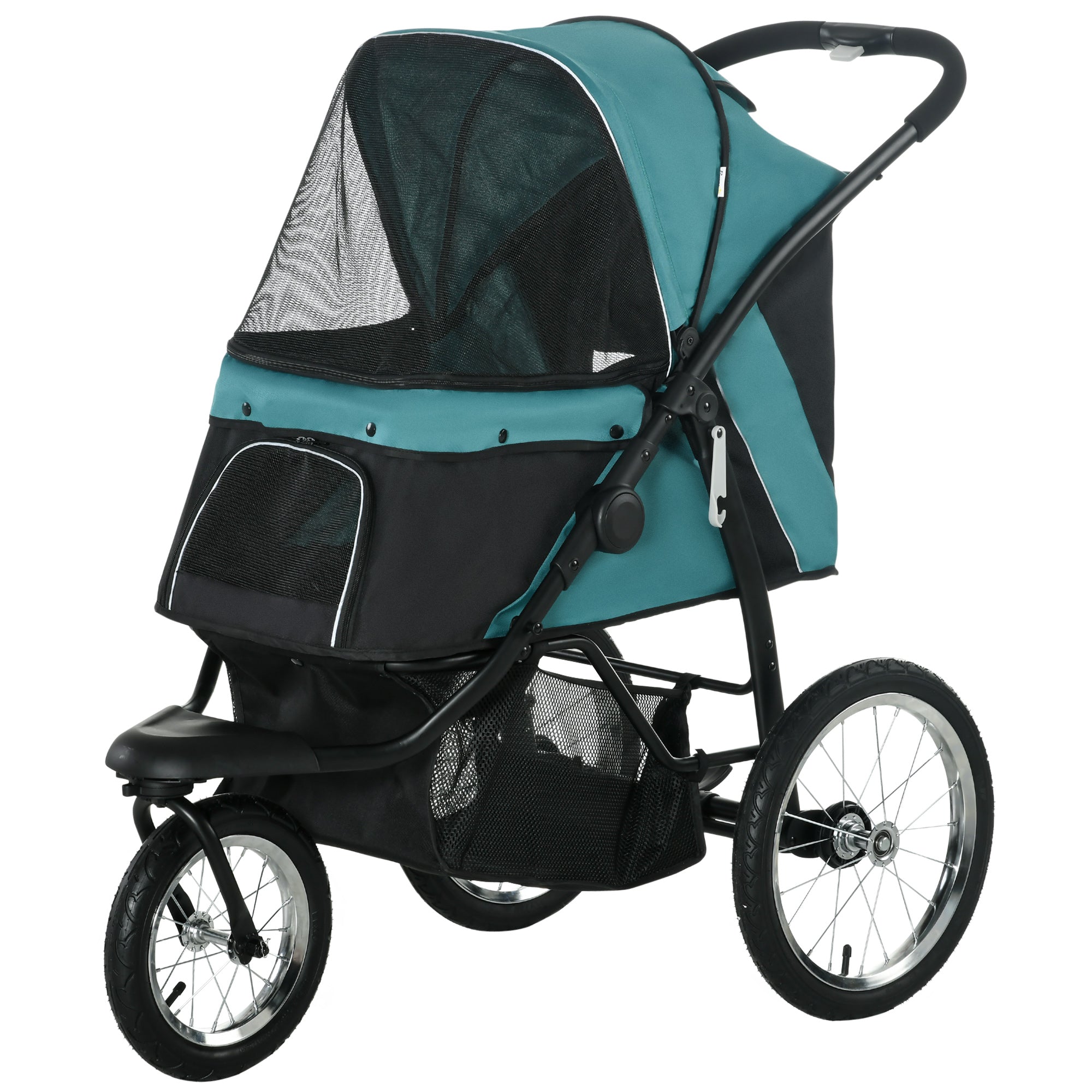 Dog Buggy Foldable for Dogs & Cats up to 20 kg Cat Buggy with All-Terrain Rubber Wheels Pillow Mesh Windows Doors Cat Carrier with Storage Basket Buggy Dark Green