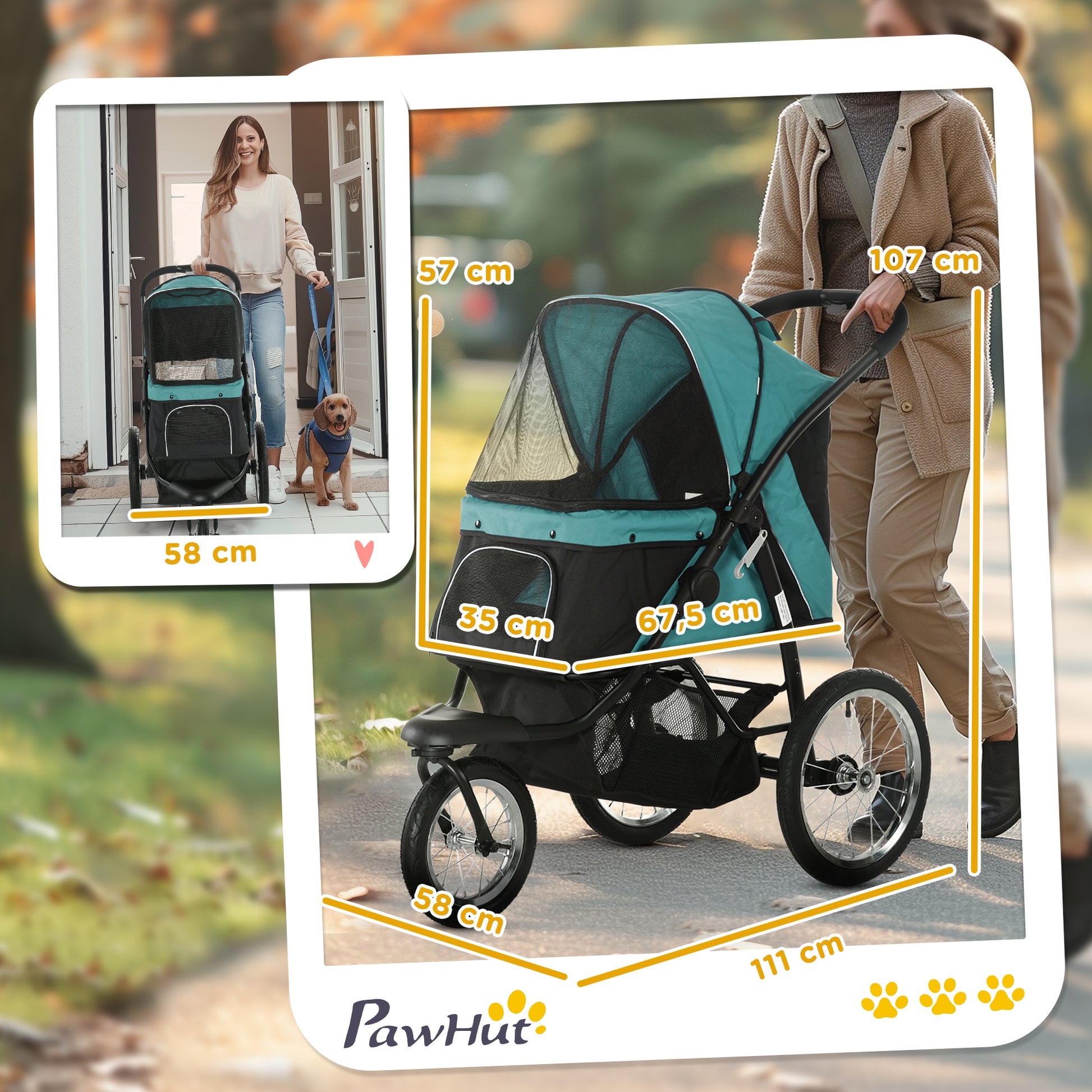 Dog Buggy Foldable for Dogs & Cats up to 20 kg Cat Buggy with All-Terrain Rubber Wheels Pillow Mesh Windows Doors Cat Carrier with Storage Basket Buggy Dark Green