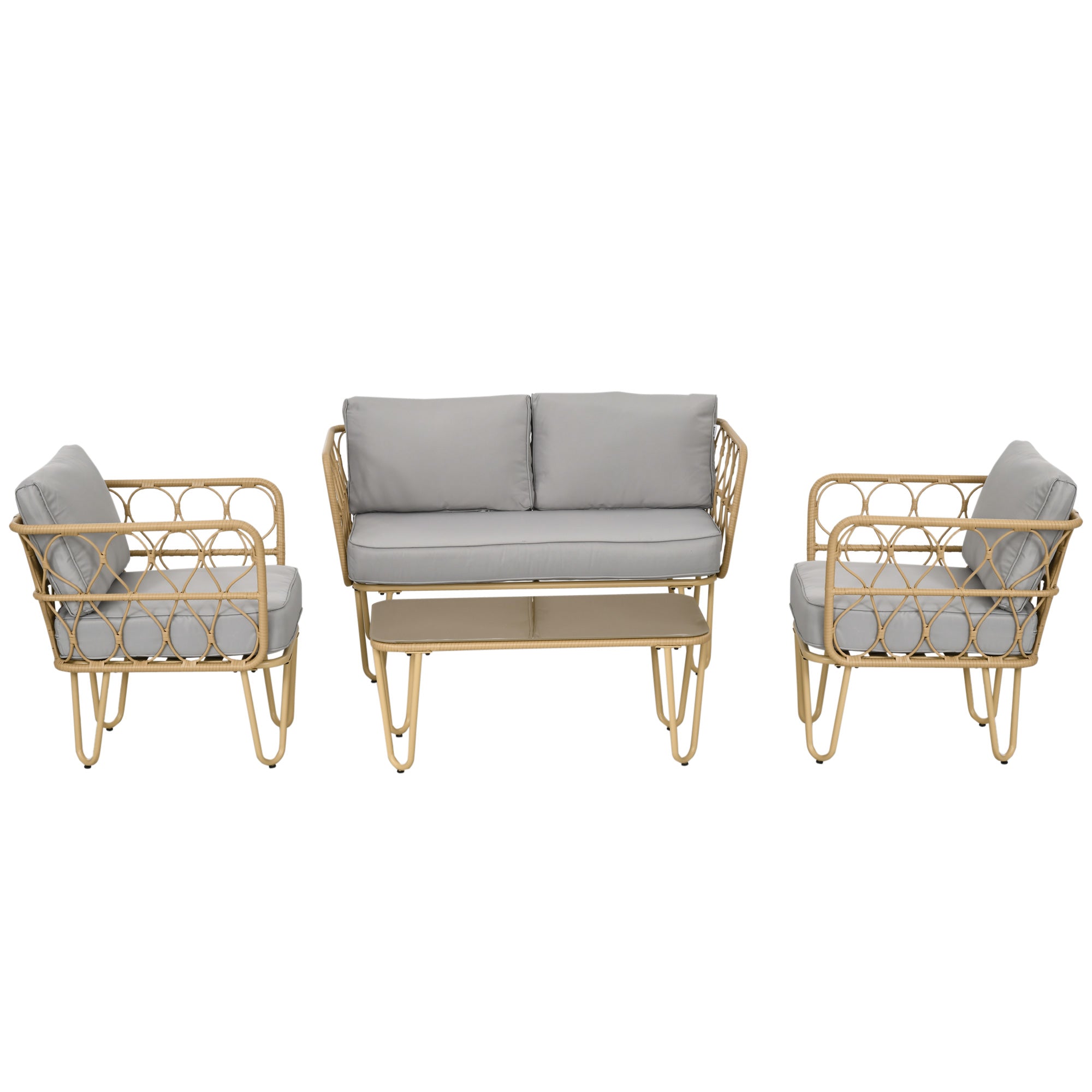 Synthetic Rattan Garden Set 4-Piece Outdoor Furniture with 2-Seater Sofa 2 Armchairs and Glass Top Coffee Table with Removable Cushions Natural and Gray
