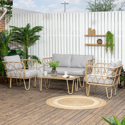 Synthetic Rattan Garden Set 4-Piece Outdoor Furniture with 2-Seater Sofa 2 Armchairs and Glass Top Coffee Table with Removable Cushions Natural and Gray