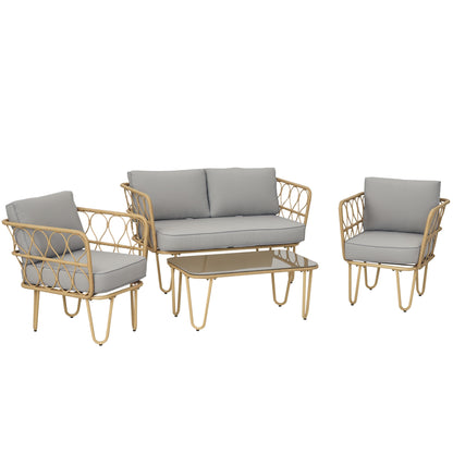 Synthetic Rattan Garden Set 4-Piece Outdoor Furniture with 2-Seater Sofa 2 Armchairs and Glass Top Coffee Table with Removable Cushions Natural and Gray
