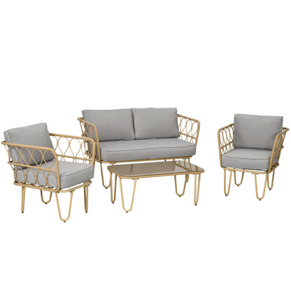 Synthetic Rattan Garden Set 4-Piece Outdoor Furniture with 2-Seater Sofa 2 Armchairs and Glass Top Coffee Table with Removable Cushions Natural and Gray