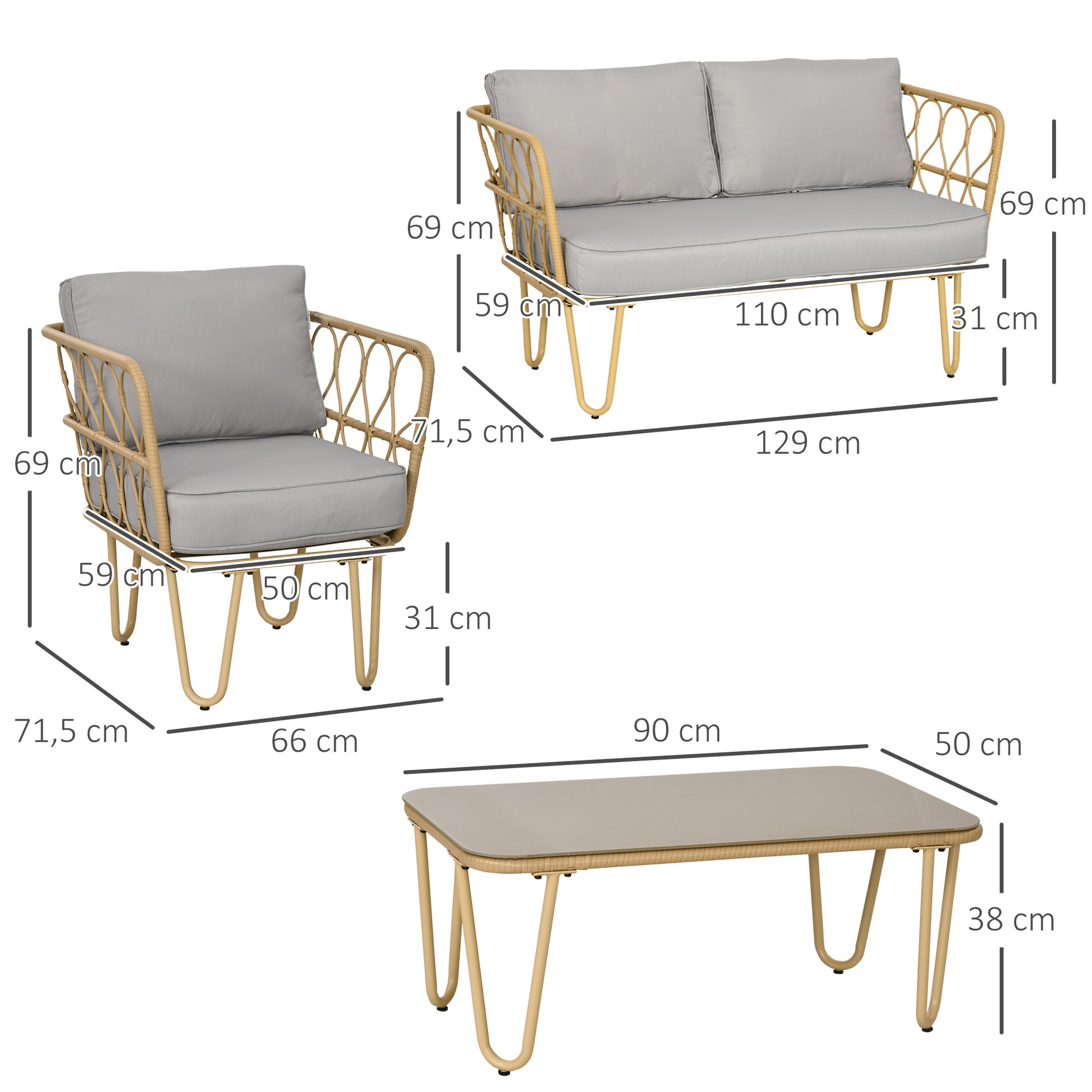 Synthetic Rattan Garden Set 4-Piece Outdoor Furniture with 2-Seater Sofa 2 Armchairs and Glass Top Coffee Table with Removable Cushions Natural and Gray