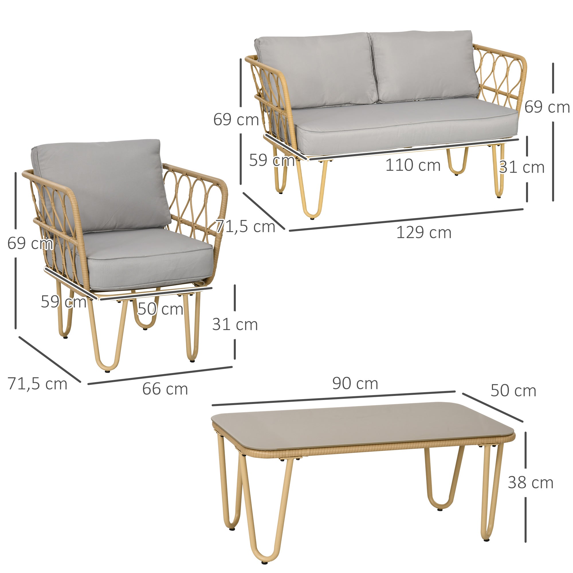 Synthetic Rattan Garden Set 4-Piece Outdoor Furniture with 2-Seater Sofa 2 Armchairs and Glass Top Coffee Table with Removable Cushions Natural and Gray