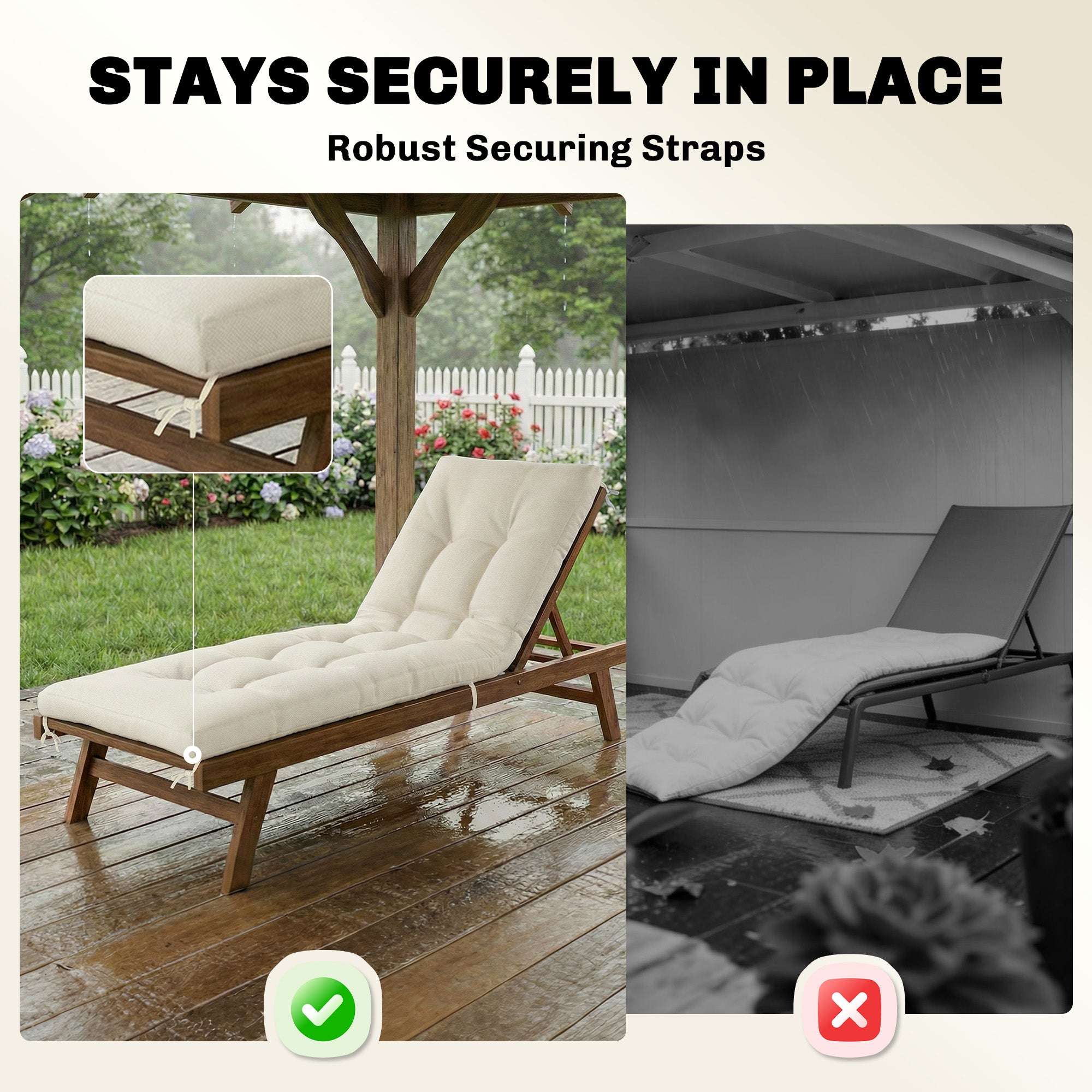 Removable Pallet Seat Cushion with Straps for Most Loungers, 78 x 25.6 x 5.1 in (198 x 65 x 13 cm), Beige