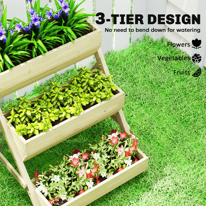 Vertical 3-Tier Wooden Raised Planter Box with 3 Planting Tubs, Drainage Holes – Flower & Herb Staircase for Terrace, Balcony, Garden, 25.6 x 29.5 x 29.9 in, Green