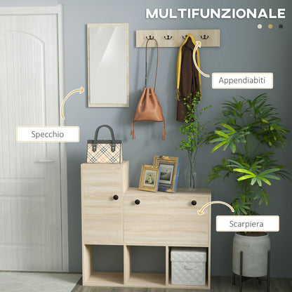 3 in 1 Entryway Furniture with Shoe Rack for 9 Pairs of Shoes, Wall Coat Rack with 4 Hooks, Cupboard, and Mirror in MDF