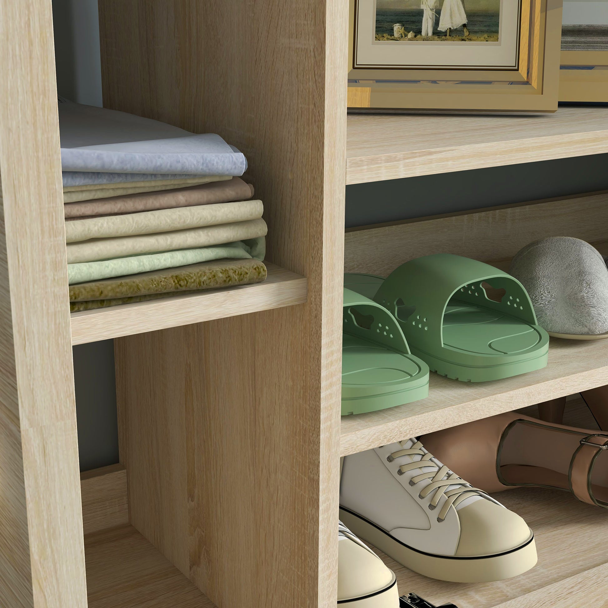 3 in 1 Entryway Furniture with Shoe Rack for 9 Pairs of Shoes, Wall Coat Rack with 4 Hooks, Cupboard, and Mirror in MDF