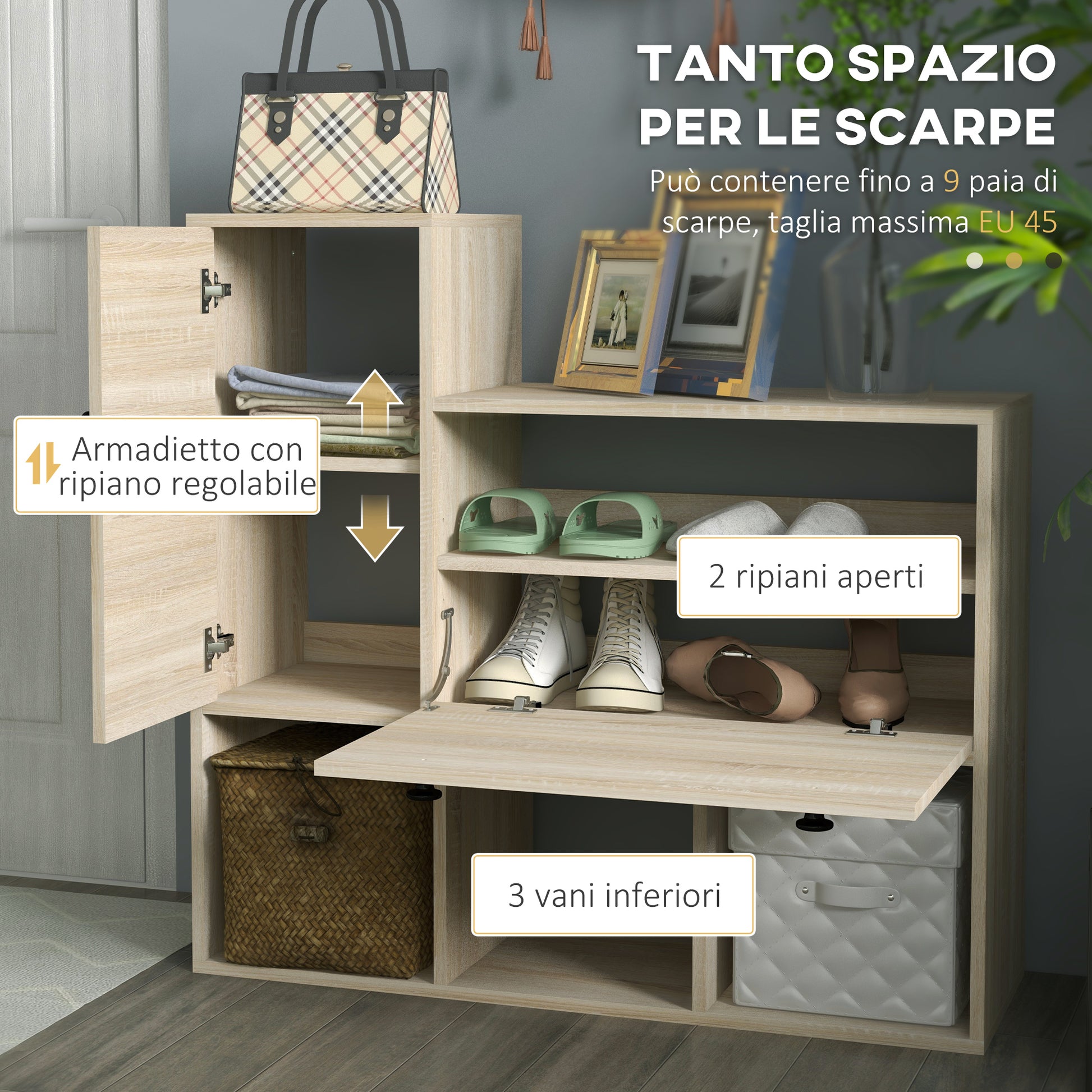 3 in 1 Entryway Furniture with Shoe Rack for 9 Pairs of Shoes, Wall Coat Rack with 4 Hooks, Cupboard, and Mirror in MDF